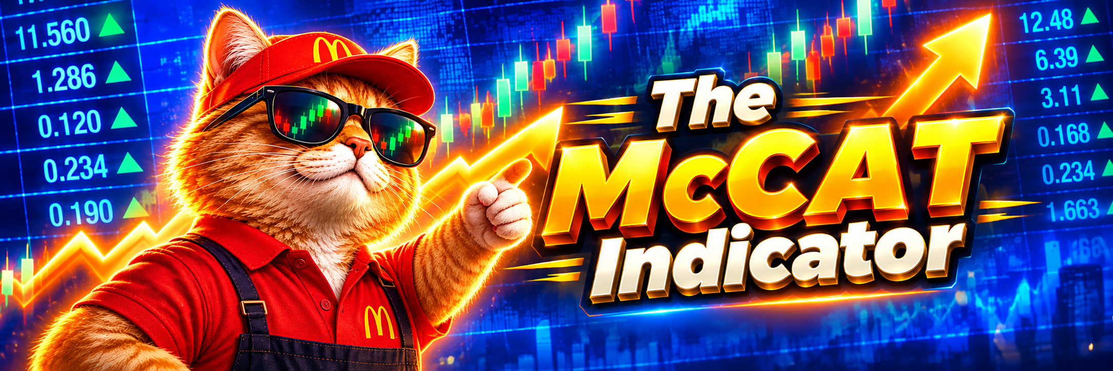 The McCAT Indicator banner: the orange tabby in red uniform beside glowing upward arrows on an electric-blue trading interface