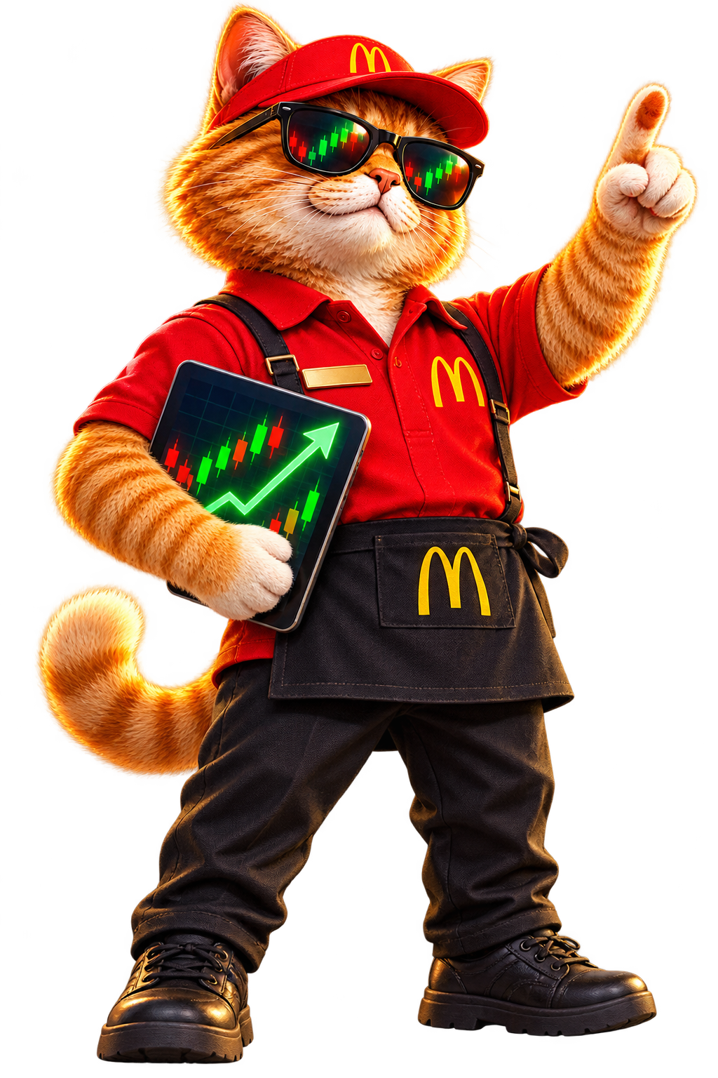 McCAT: an orange tabby cat in sunglasses, red cap and red uniform with black apron, pointing up while holding a tablet of rising green candlesticks